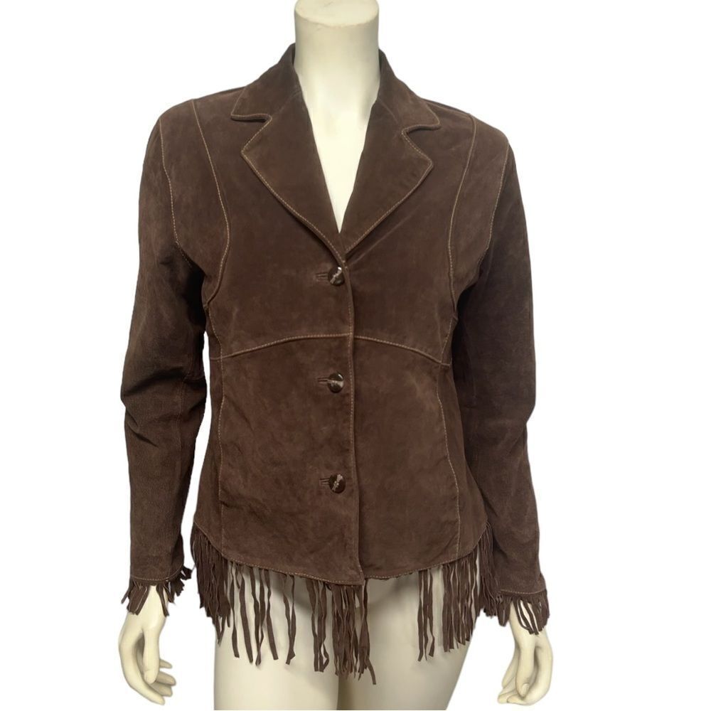 Vintage 100% Brown Leather Jacket Outbrook Fringe Button Up Western Coat Fall